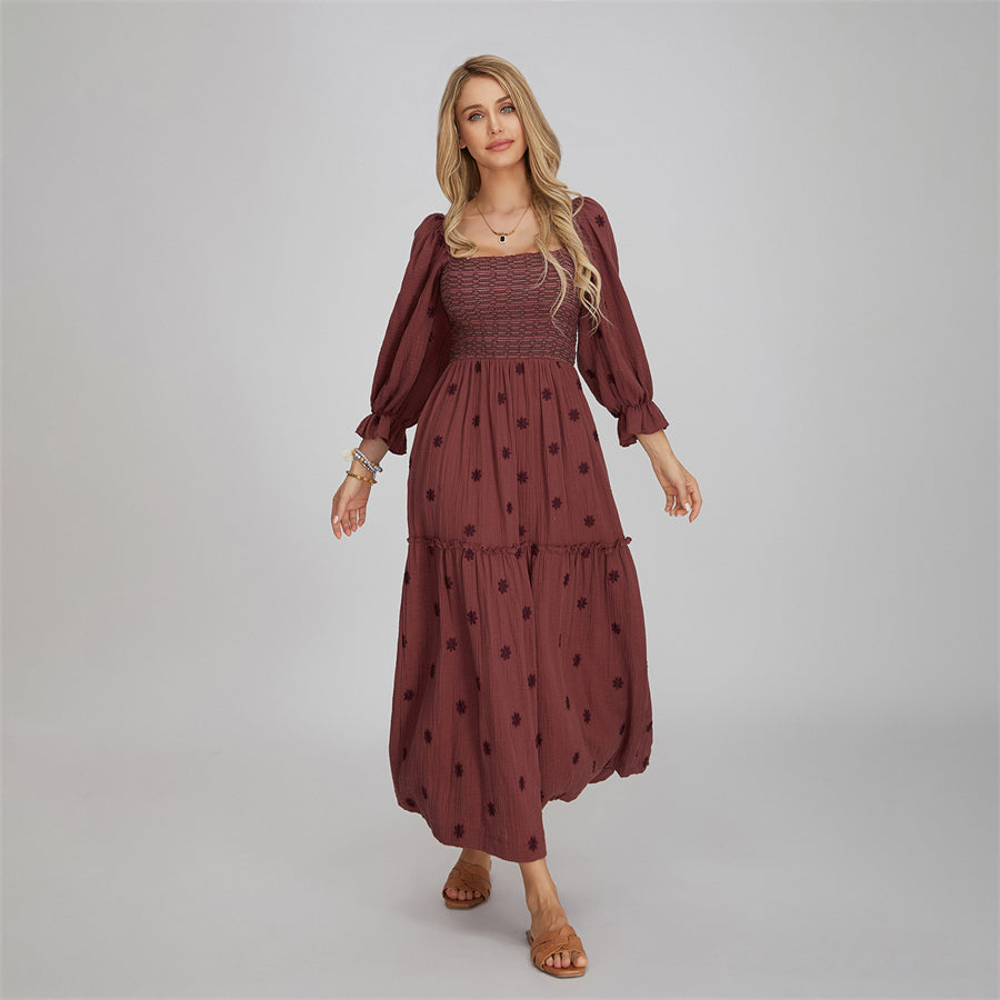 wsevypo Retro Embroidered Flowers Flowy Long Dress Women's Long Puff Sleeve Square Neck Smocked A-Line Dress for Beach Vacation