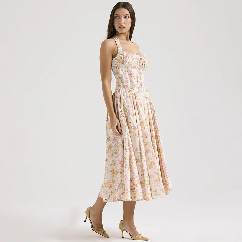 Townlike Waist Wrap Print A-line Elegant Midi Long Dress Women Halter 2024 Spring Summer Dress Backless Sexy Party Dresses