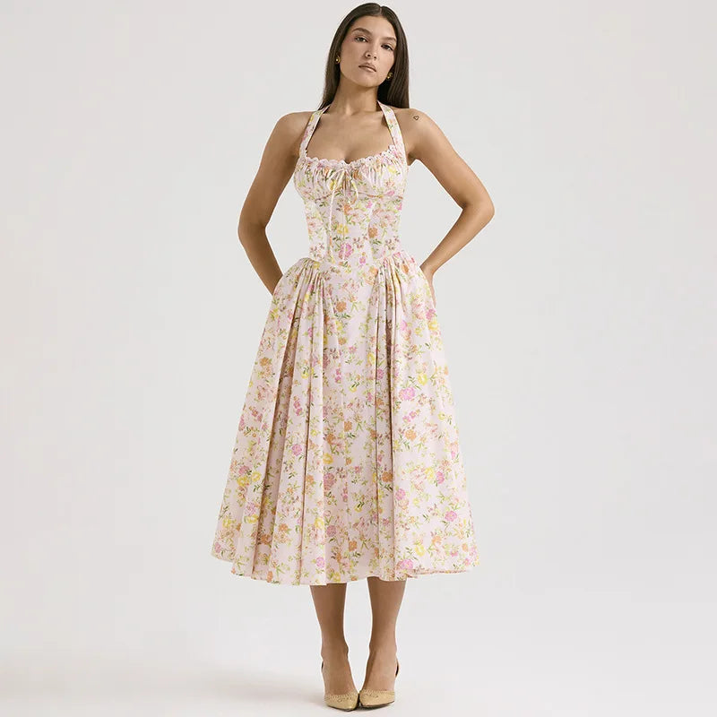 Townlike Waist Wrap Print A-line Elegant Midi Long Dress Women Halter 2024 Spring Summer Dress Backless Sexy Party Dresses