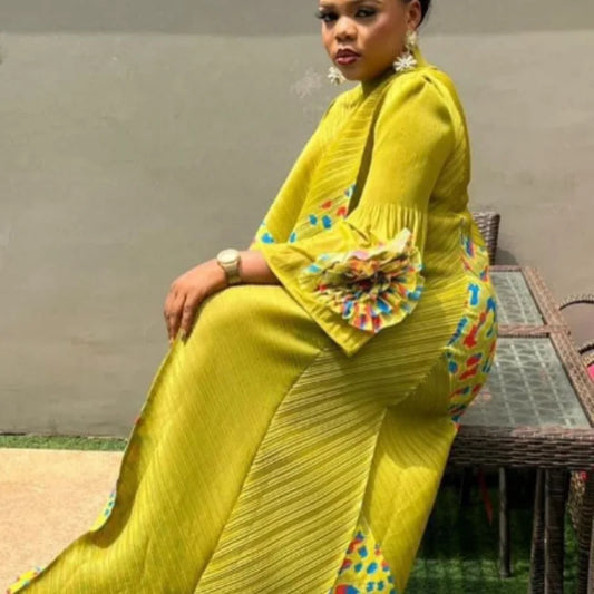2024 Miyake Fashion Splicing Leopard Print Maxi Dress with Round Neck Hand Shake Flower Horn Sleeves Long Loose Fit Long Dress