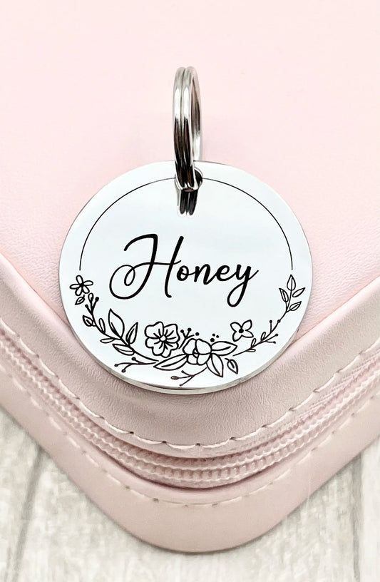 Personalised Pet ID Tag Dog Cat Floral ID Tag Custom Flowers Handdrawn Wreath Clipart Minimalist Engraved Pet Gift