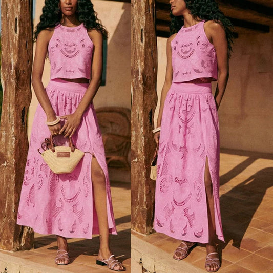 Sexy O Neck Sleeveless Top and Long Skirt Suit Summer Fashion Hollow Lace Solid Color Women's Set 2024 New Loose Holiday Outfits