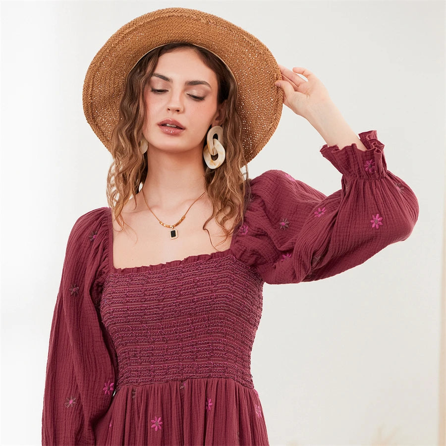wsevypo Retro Embroidered Flowers Flowy Long Dress Women's Long Puff Sleeve Square Neck Smocked A-Line Dress for Beach Vacation