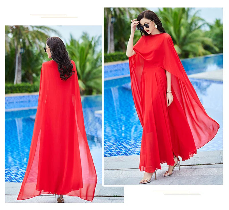 Shawl Dress Suit/Sun Protection Women Chiffon Dress Mother And Dress Two Piece Suit Bohemian Big Swing Long Dress Holiday Dress