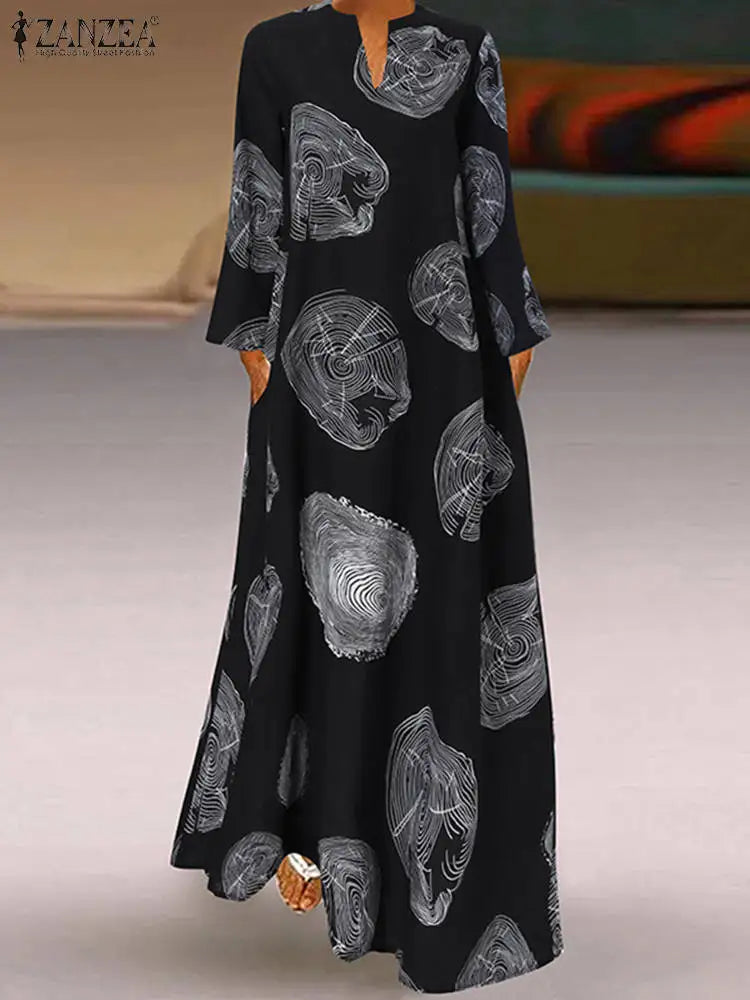 Vintage Maxi Dresses ZANZEA Autumn Women Long Dress V Neck Long Sleeve Printed Sundress Maxi Vestidos Kaftan Robe Femme