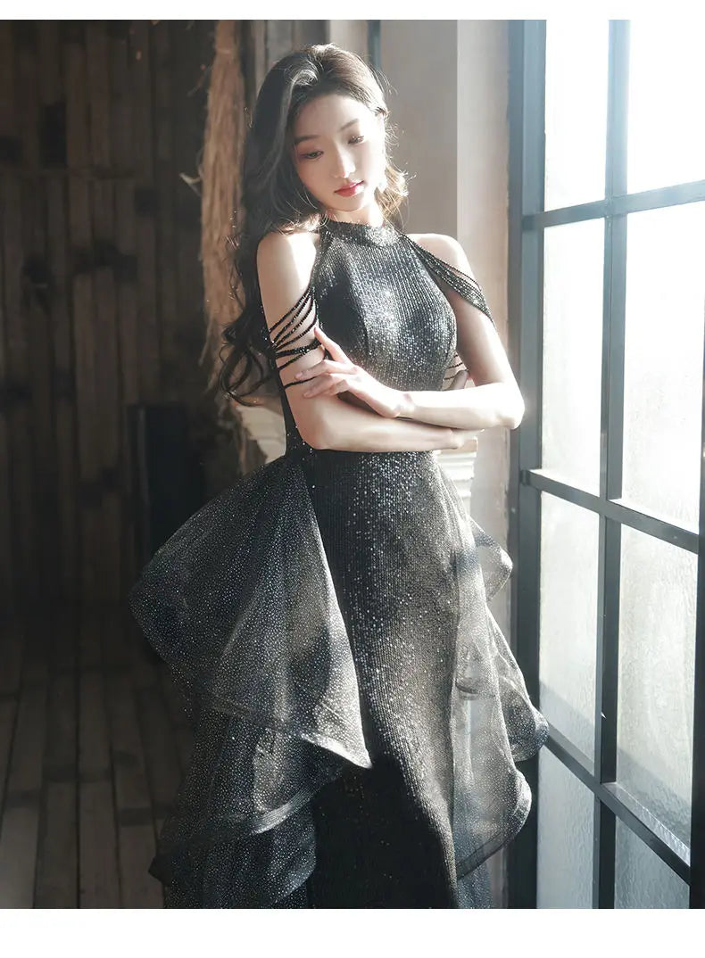 YOSIMI Women Evening Party Long Dress 2023 Summer Vintage Mesh Floor-Length Sleeveless Black Dress Trumpet Sexy Mermaid Vestido
