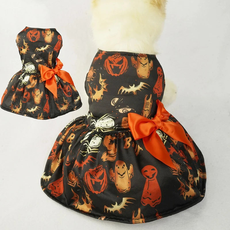 Halloween Dog Clothes  Funny Pet Dress Pumpkin Print Dress Chihuahua Yorkie Bow Mesh Dress Pet Party Clothing Cat Dog Costume