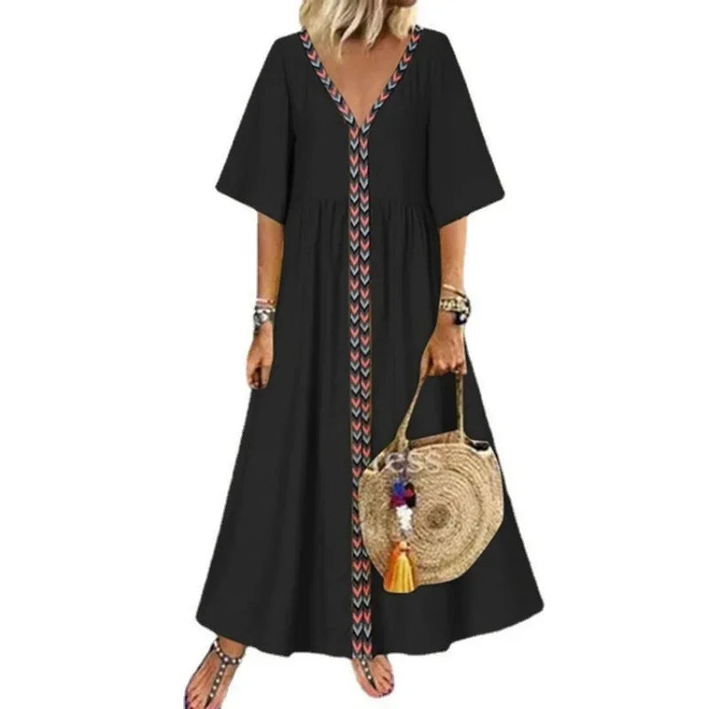 Women's Summer Commuting Oversized V-neck Short Sleeved Long Dress with Loose and Elegant Line Splicing Casual Long Dress