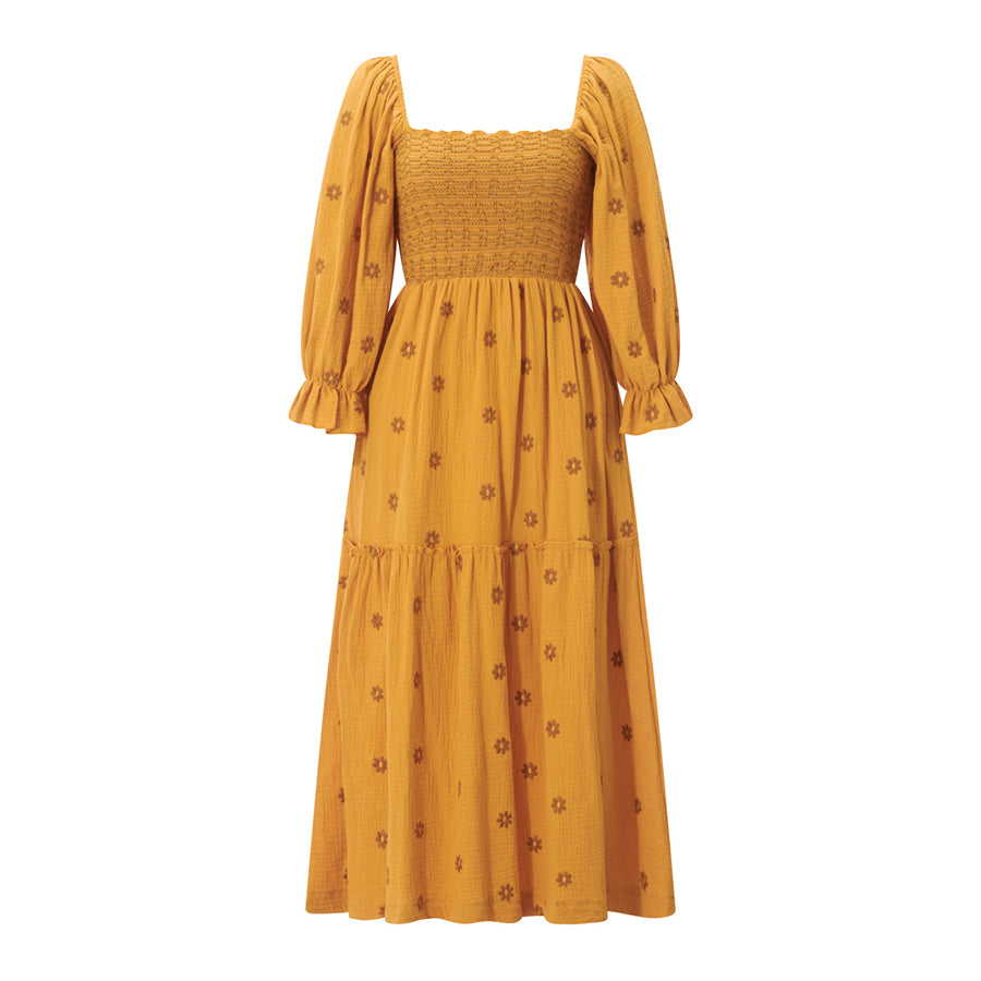 wsevypo Retro Embroidered Flowers Flowy Long Dress Women's Long Puff Sleeve Square Neck Smocked A-Line Dress for Beach Vacation