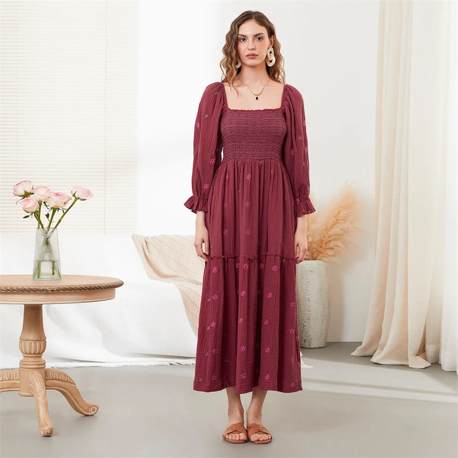wsevypo Retro Embroidered Flowers Flowy Long Dress Women's Long Puff Sleeve Square Neck Smocked A-Line Dress for Beach Vacation