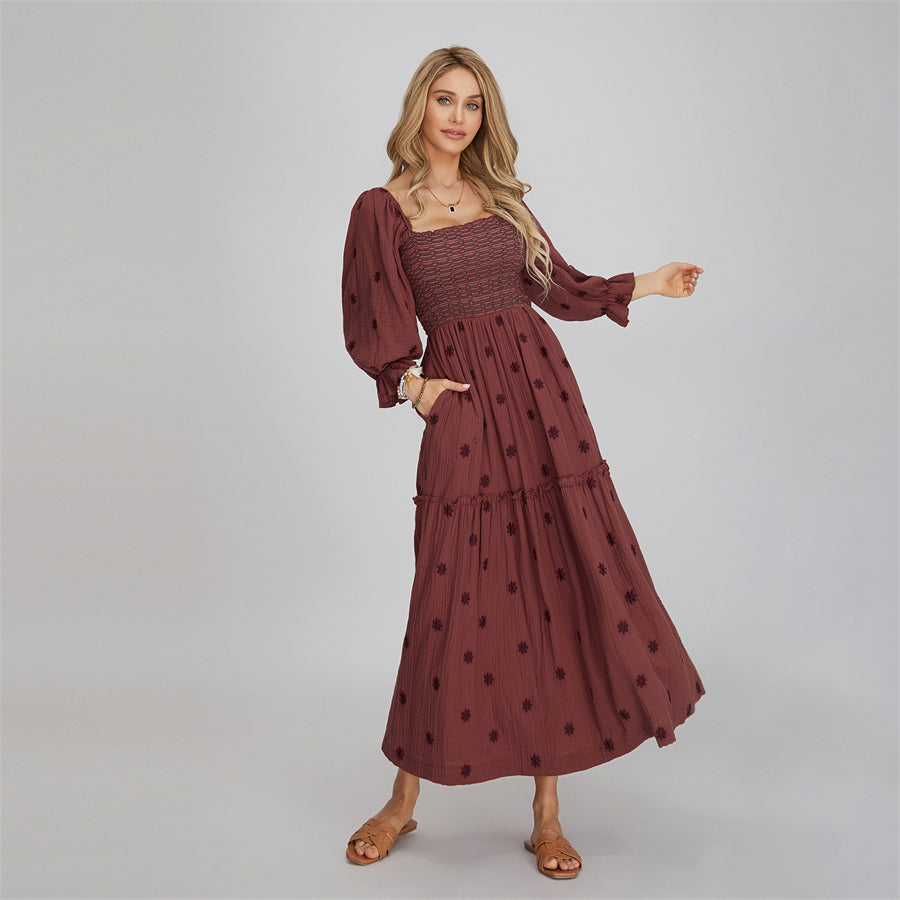 wsevypo Retro Embroidered Flowers Flowy Long Dress Women's Long Puff Sleeve Square Neck Smocked A-Line Dress for Beach Vacation