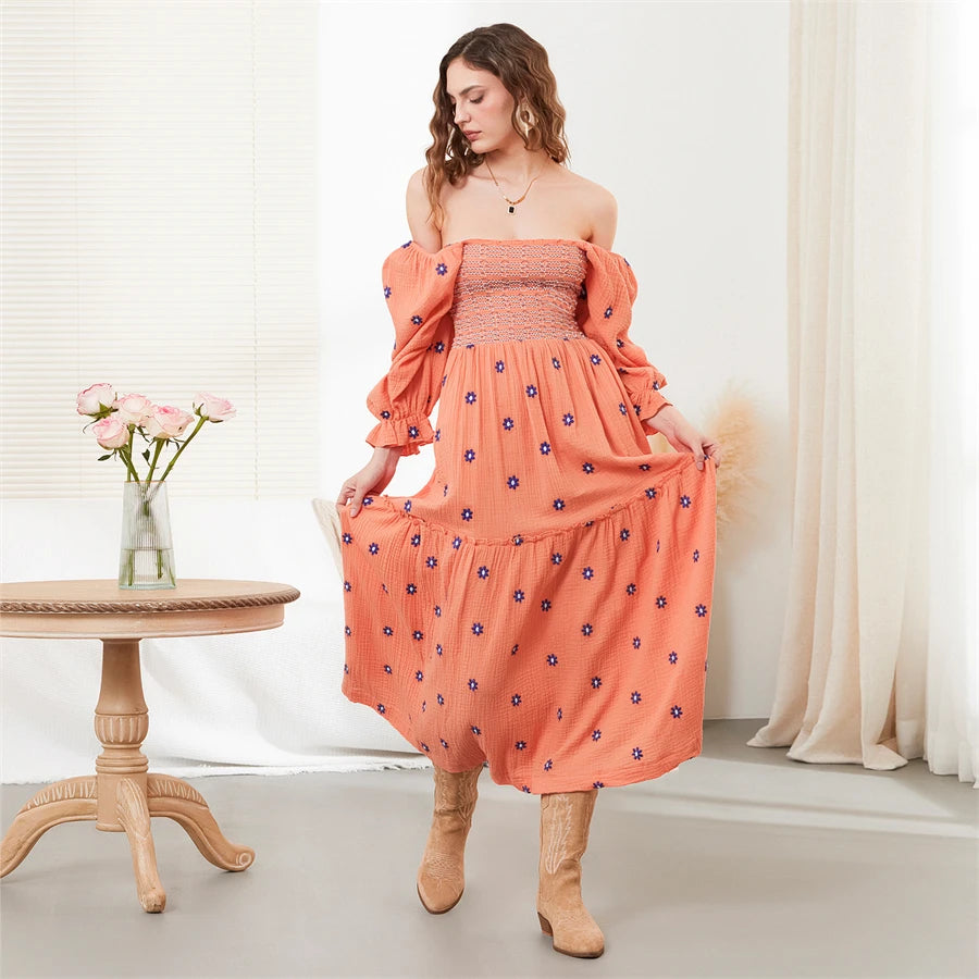 wsevypo Retro Embroidered Flowers Flowy Long Dress Women's Long Puff Sleeve Square Neck Smocked A-Line Dress for Beach Vacation