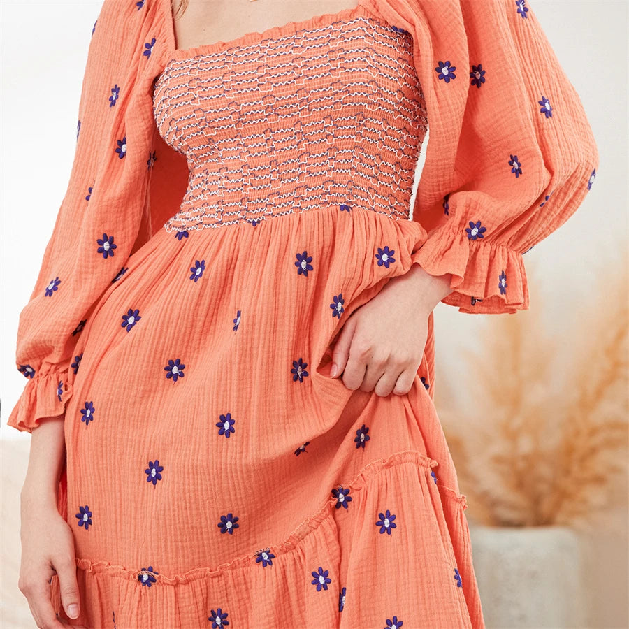 wsevypo Retro Embroidered Flowers Flowy Long Dress Women's Long Puff Sleeve Square Neck Smocked A-Line Dress for Beach Vacation