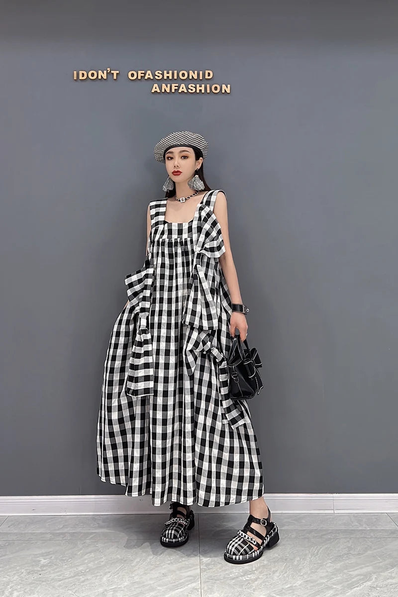 NYFS 2025 Summer New Plaid Dresses Backless Sleeveless Patchwork Bow Small Fresh Minority Elegant Loose Plus Size Long Dress