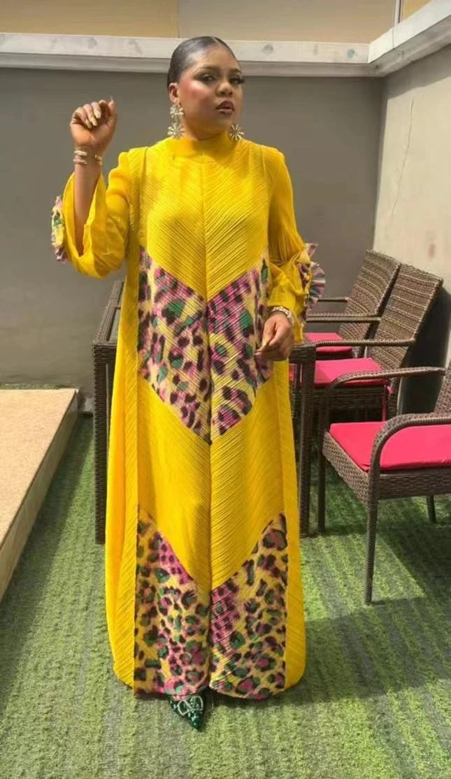 2024 Miyake Fashion Splicing Leopard Print Maxi Dress with Round Neck Hand Shake Flower Horn Sleeves Long Loose Fit Long Dress