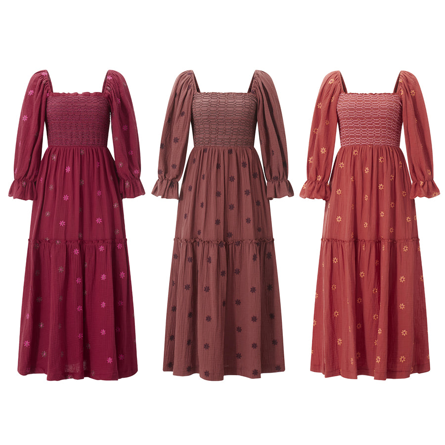 wsevypo Retro Embroidered Flowers Flowy Long Dress Women's Long Puff Sleeve Square Neck Smocked A-Line Dress for Beach Vacation
