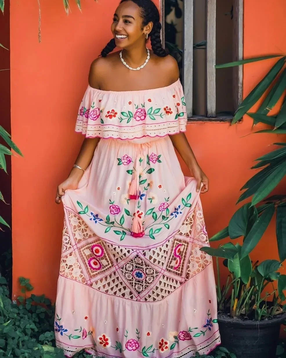 Amazon Off-shoulder Printing Long Dress New Arrival European American Foreign Trade Spring Summer Season Women Fashion