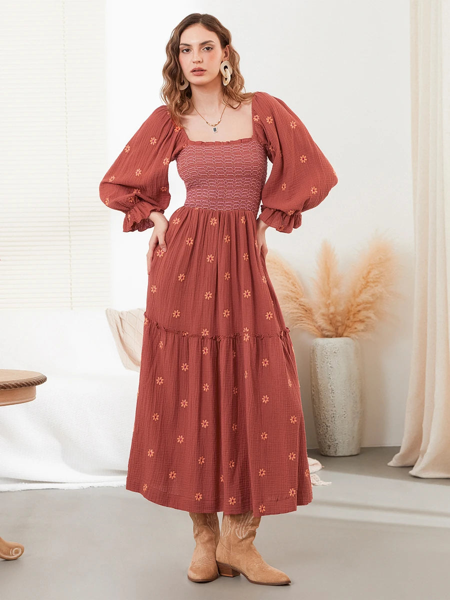 wsevypo Retro Embroidered Flowers Flowy Long Dress Women's Long Puff Sleeve Square Neck Smocked A-Line Dress for Beach Vacation