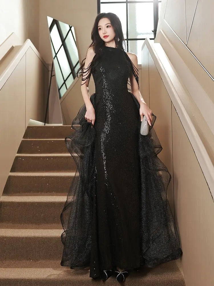 YOSIMI Women Evening Party Long Dress 2023 Summer Vintage Mesh Floor-Length Sleeveless Black Dress Trumpet Sexy Mermaid Vestido