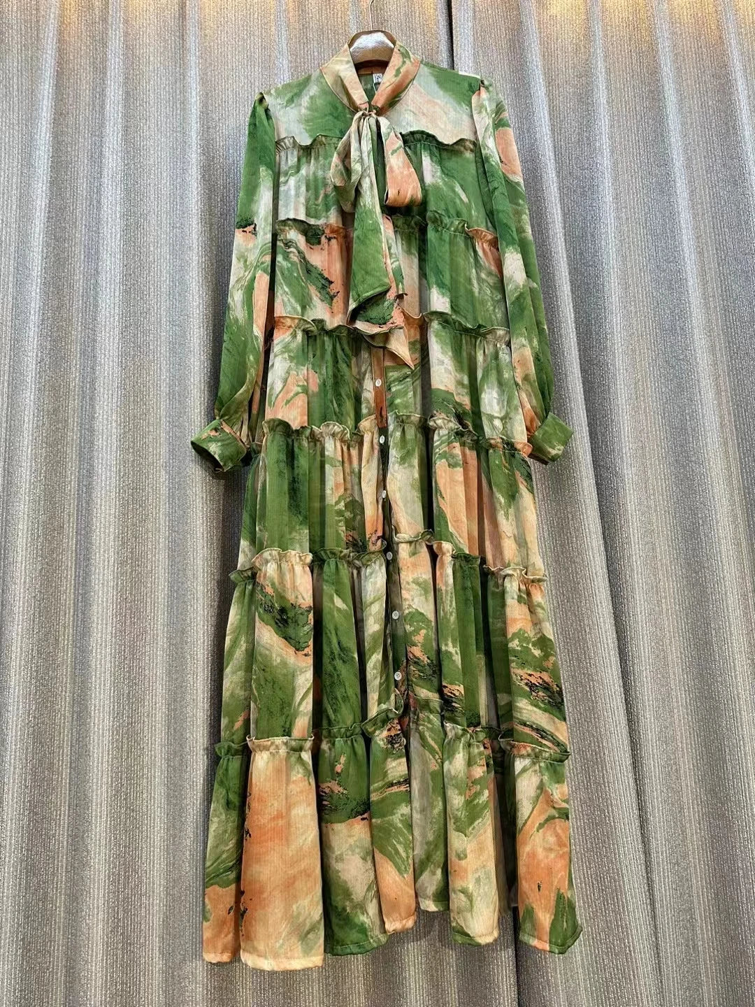 Print Pleated Single Breasted Retro For Women Bow Long Sleeve A-line Maxi Dresses Female Autumn Casual Vacation Party Long Dress